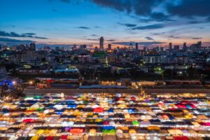 tent city on outskirts of a metropolis