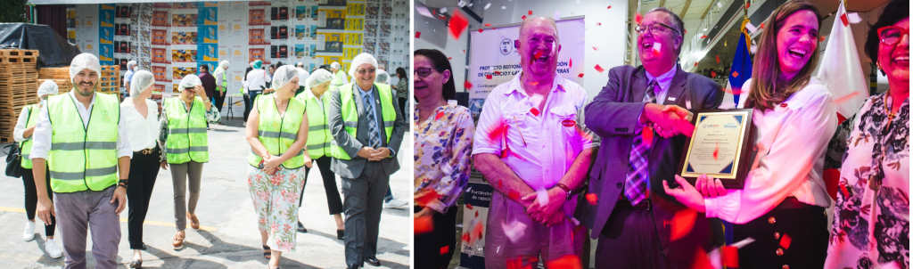 Left image: (from left to right) Rodrigo Rivas Melhado, El Salvador Country Manager of TFB Project; Florence Quiñónez, BEMISAL CEO; Silvia Cuéllar, COEXPORT Executive Director; Ana Cristina Quiñónez, member of BEMISAL board of directors; Lorena Aceto, TFB Project’s COR; and Christopher Cushing, Mission Director of USAID El Salvador, starting the guided tour through BEMISAL facilities. Right: (from left to right) Francisco Quiñónez, BEMISAL President; Christopher Cushing; USAID Mission Director; Florence Quiñónez, BEMISAL CEO, celebrating the successful closing of BEMISAL’s participation in the Business Trade Facilitation Program. 