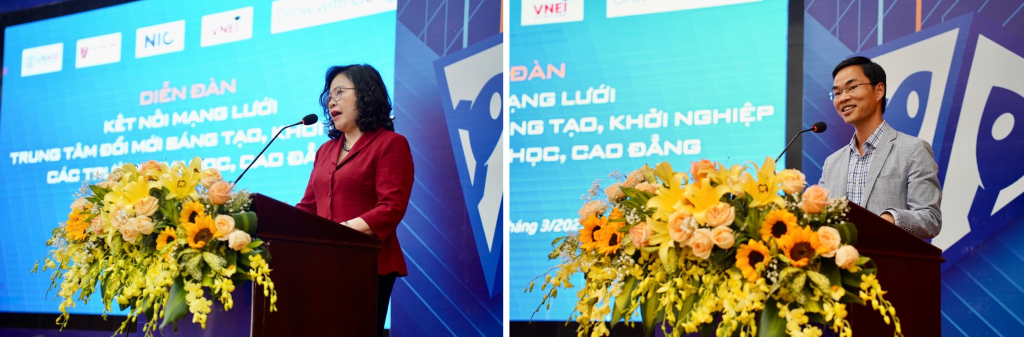 Left: Deputy Minister of Education and Training Ministry Ngo Thi Minh delivering the opening remarks at the Innovation Network workshop. Right: Deputy Director of the National Innovation Center of Vietnam’s Ministry of Planning and Investment Do Tien Thinh welcoming participants at the Innovation Network workshop.